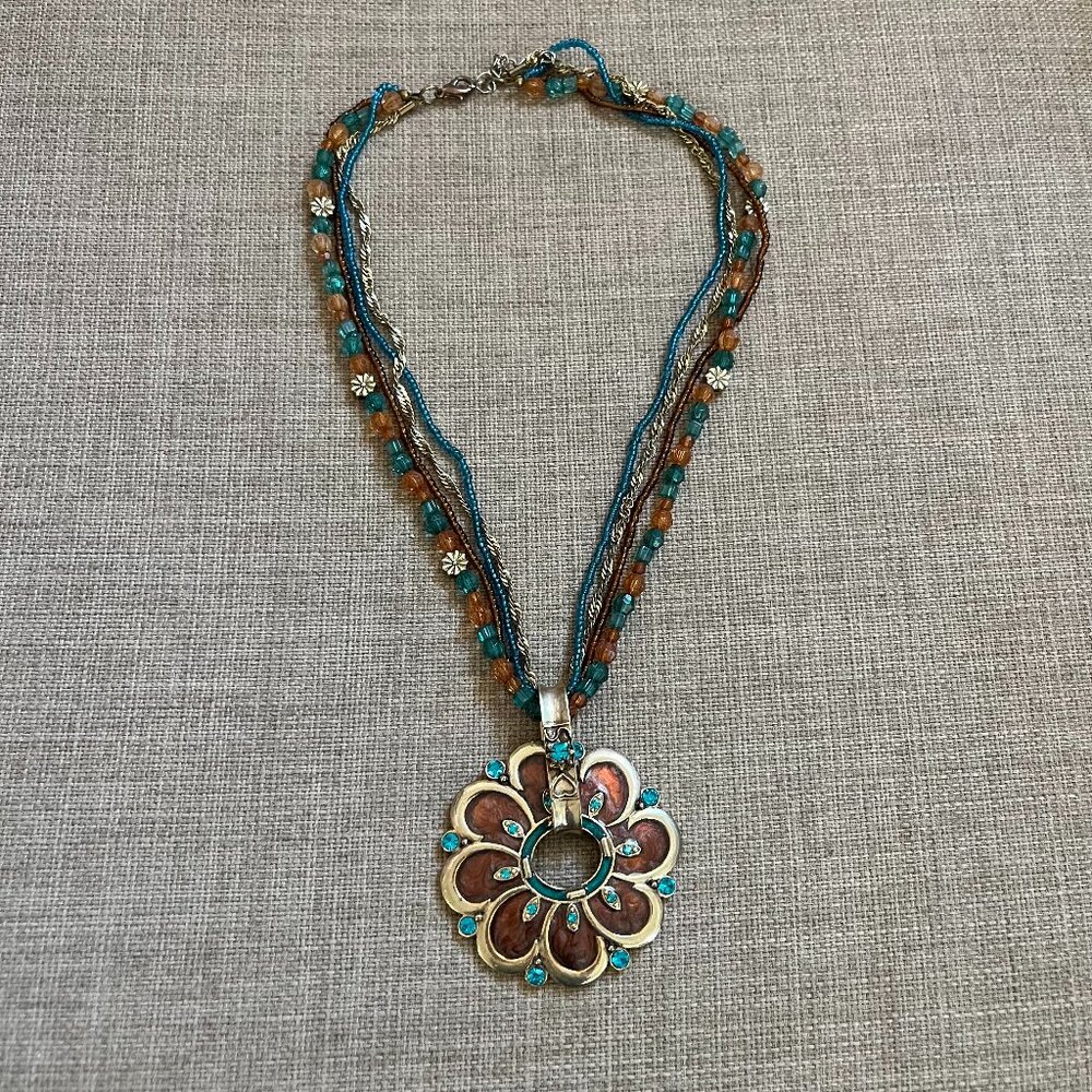 Multi Strand Bronze Toned Boho Bedazzled Floral Pendant Medallion Aqua Brown 19"